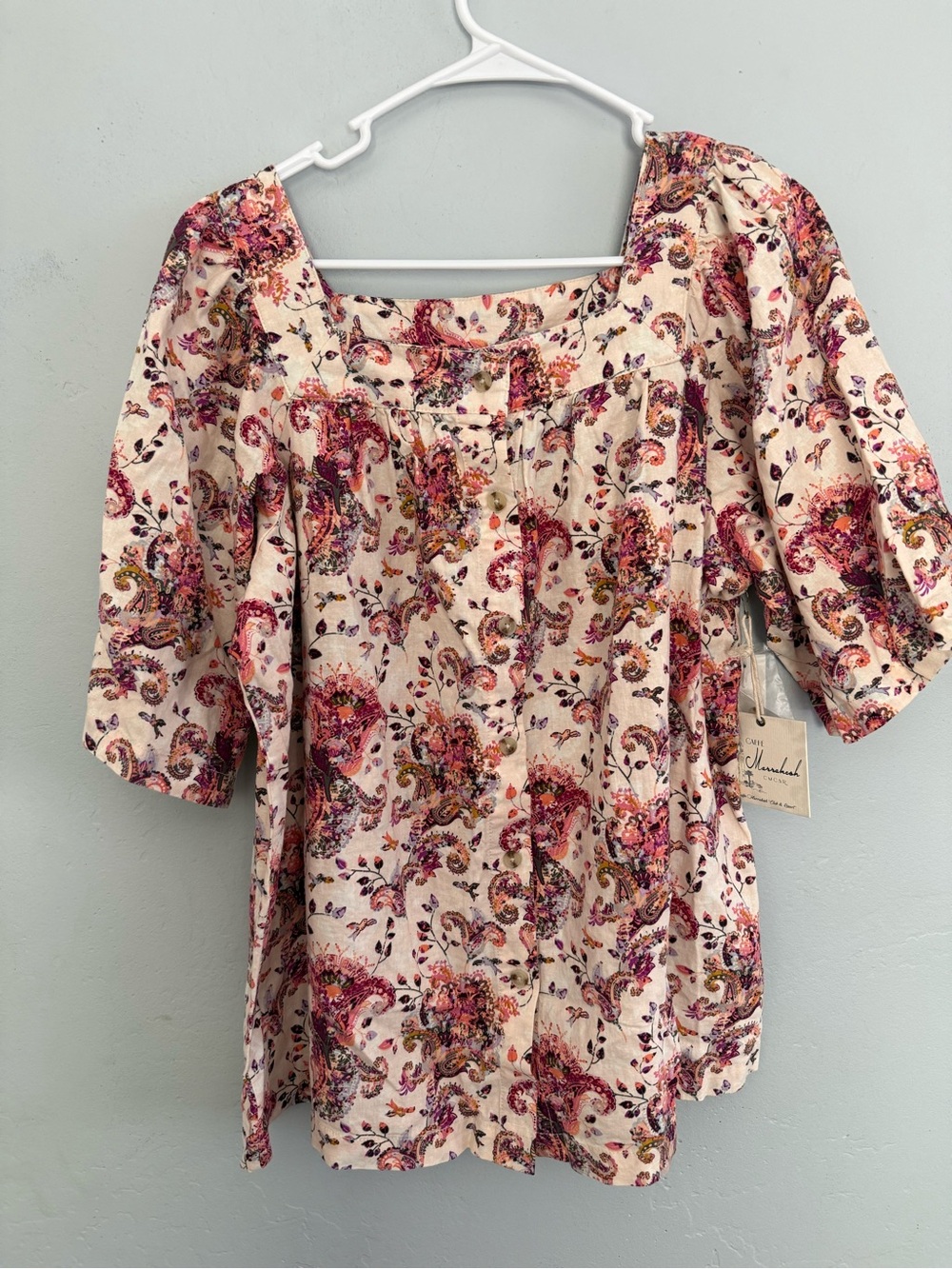 Cream Paisley Short Sleeve Square Neck Blouse with Pink & Purple Accents
